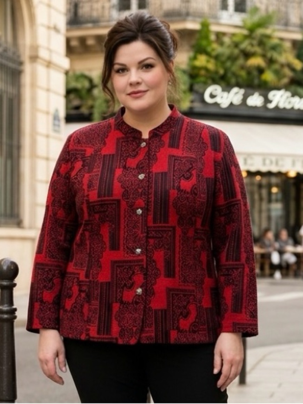 NWOT Tudor Court SZ 4X red/black blazer w/silver buttons/2 side pockets/bust 65”